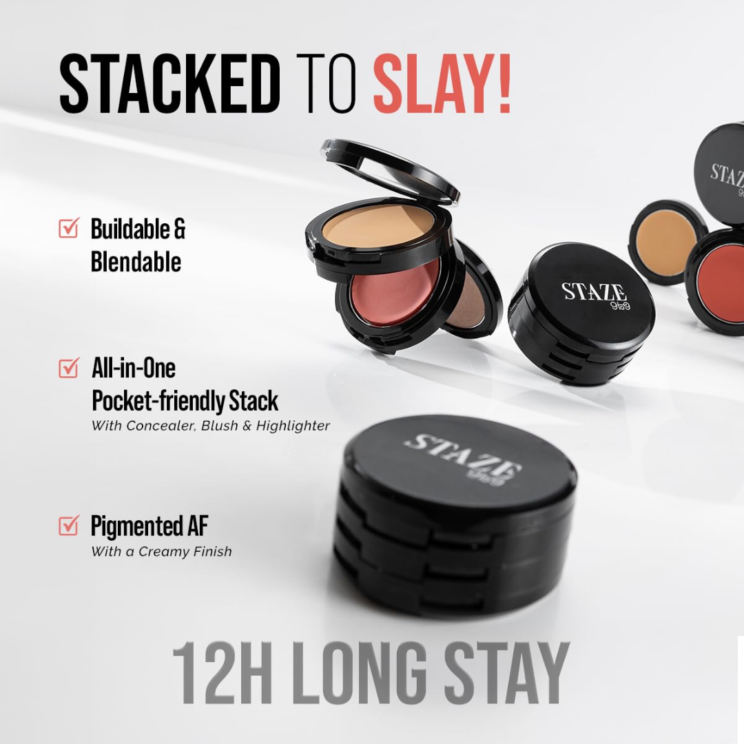 STAZE Glow 3-in-1 Pocket Beauty Kit | Concealer + Blush + Highlighter | Buildable, Blendable, 12-Hour Wear