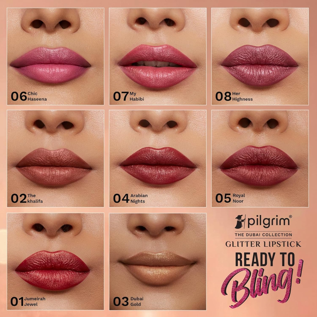 Pilgrim Glitter Lipstick – The Dubai Collection | High-Impact Sparkle, Frosted Shimmer & Non-Drying Luxury Lipstick